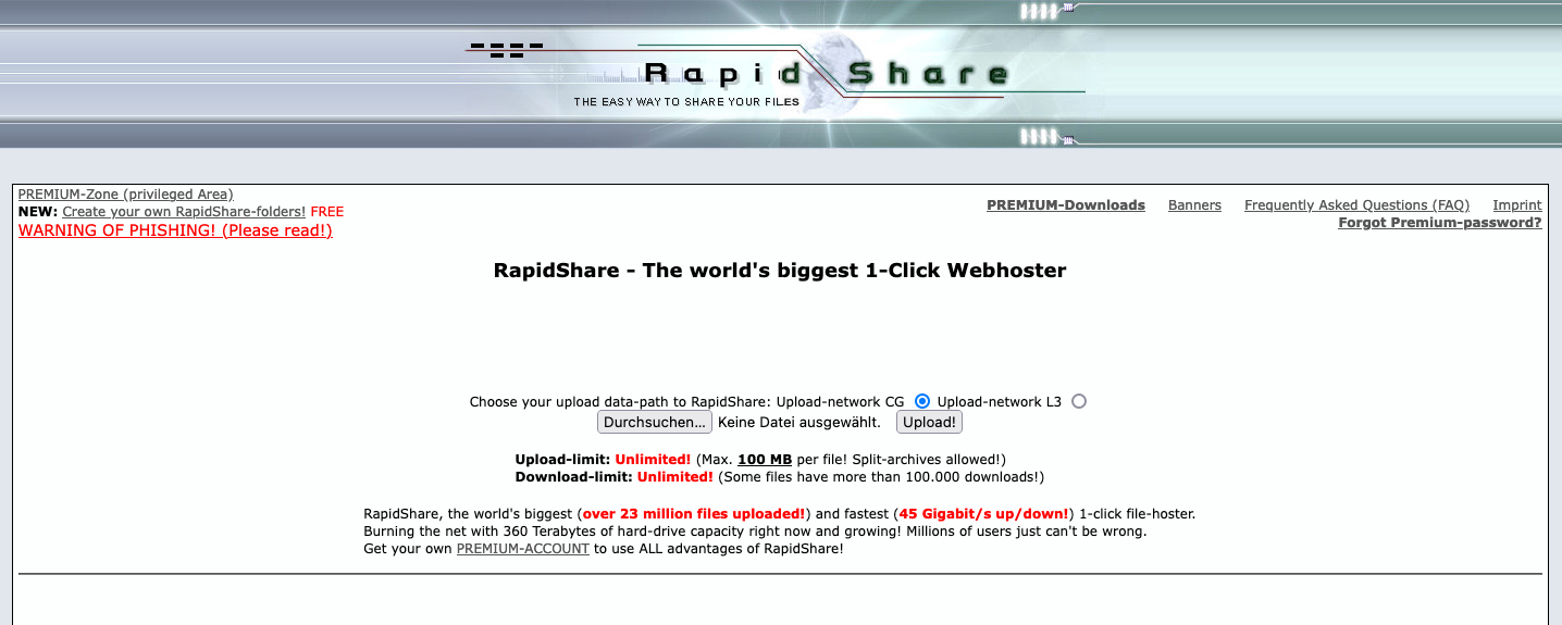 Screenshot of rapidshare.com in 2006