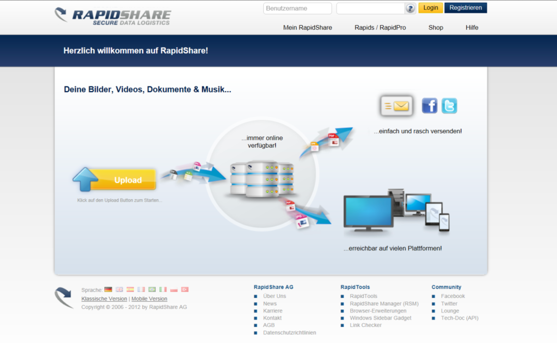 A screenshot of the Rapidshare Website in 2012